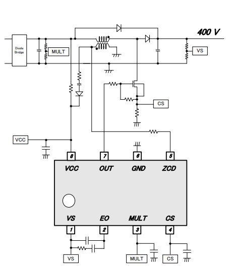 Application Circuit Diagram - ROHM Semiconductor BD7696FJ Power Factor Correction Controller IC